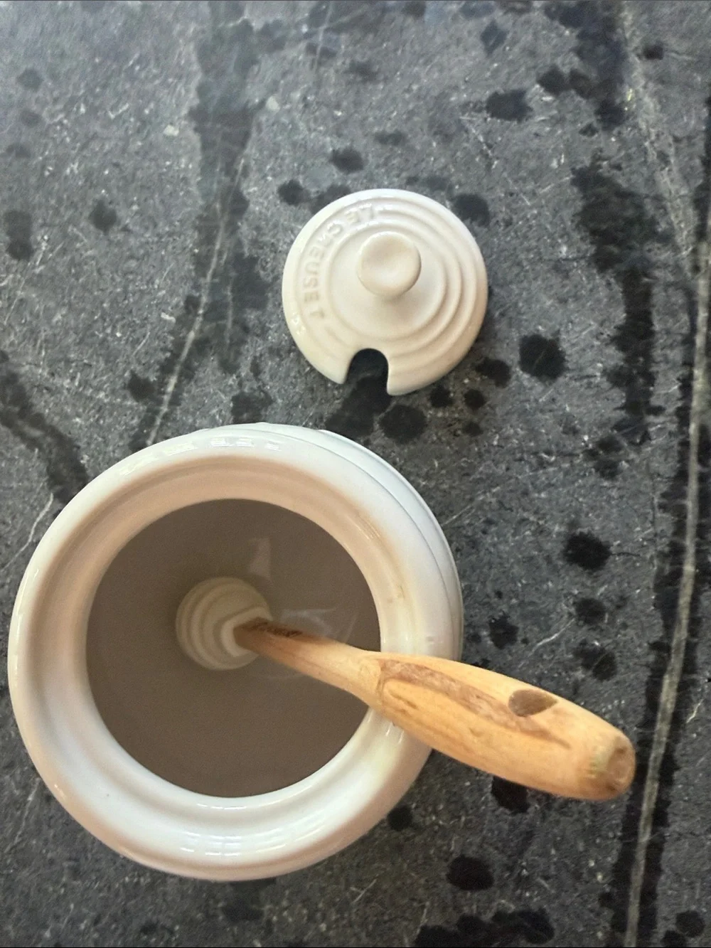 Le Creuset Cream Ceramic Honey Pot with Wooden Dipper
